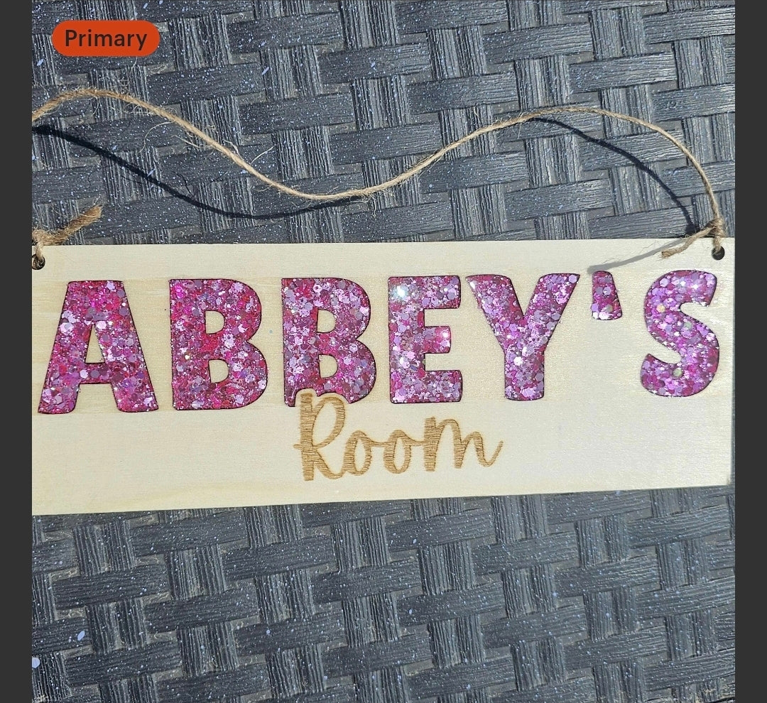 Personalised Room Plaque – Custom Name Wood & Glitter Resin Sign | Kids Bedroom Gift