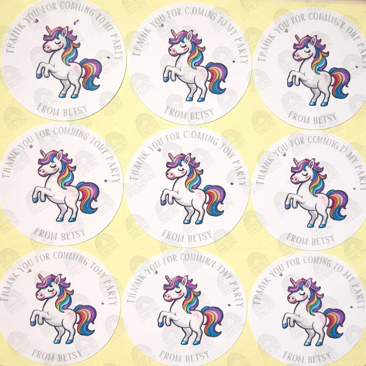 Personalised Unicorn Party Thank You Stickers