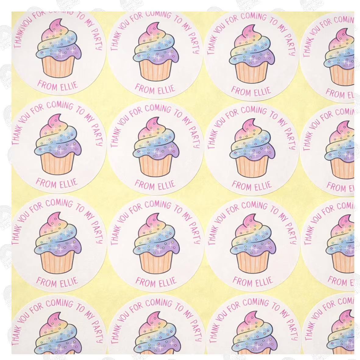 Personalised Rainbow Cupcake Party Thank You Stickers