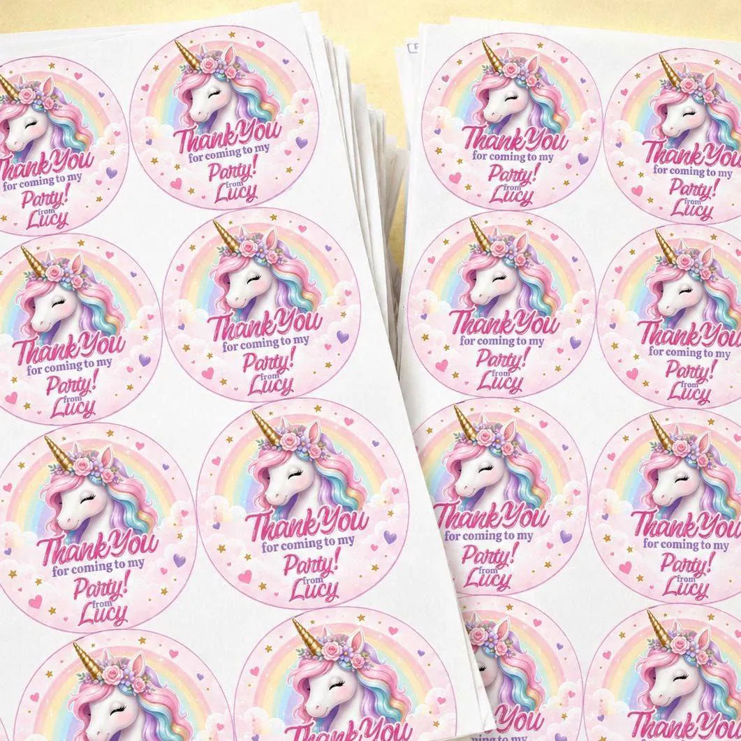 Personalised Pastel Unicorn Party Thank You Stickers