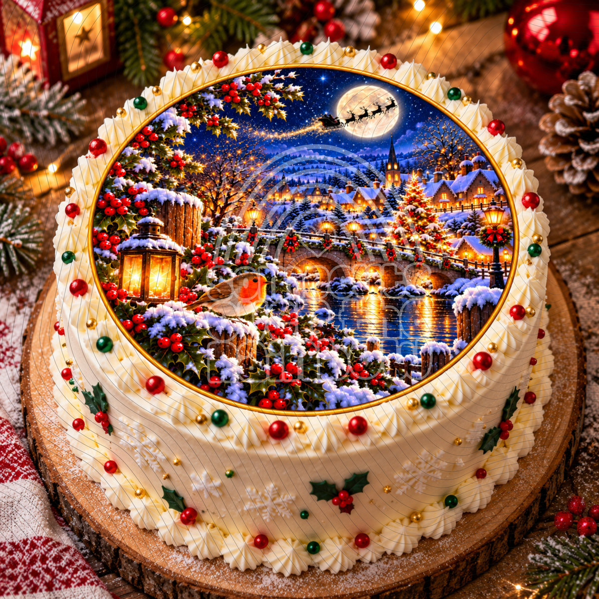 Christmas Robin Edible Cake Topper – Winter Village Icing Sheet or Wafer Paper