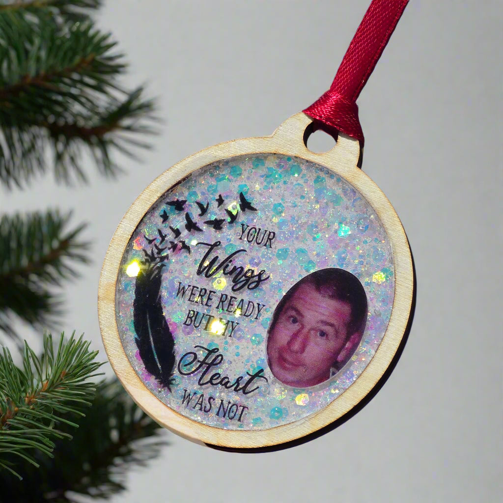 Personalised Memorial Bauble – Wooden & Resin Remembrance Ornament with Photo & Verse