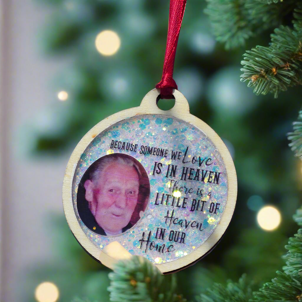 Personalised Memorial Bauble – Wooden & Resin Remembrance Ornament with Photo & Verse