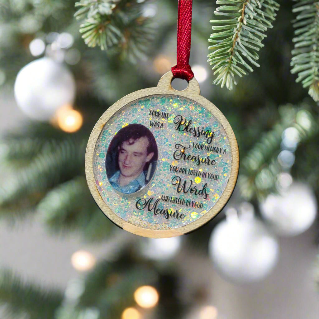 Personalised Memorial Bauble – Wooden & Resin Remembrance Ornament with Photo & Verse