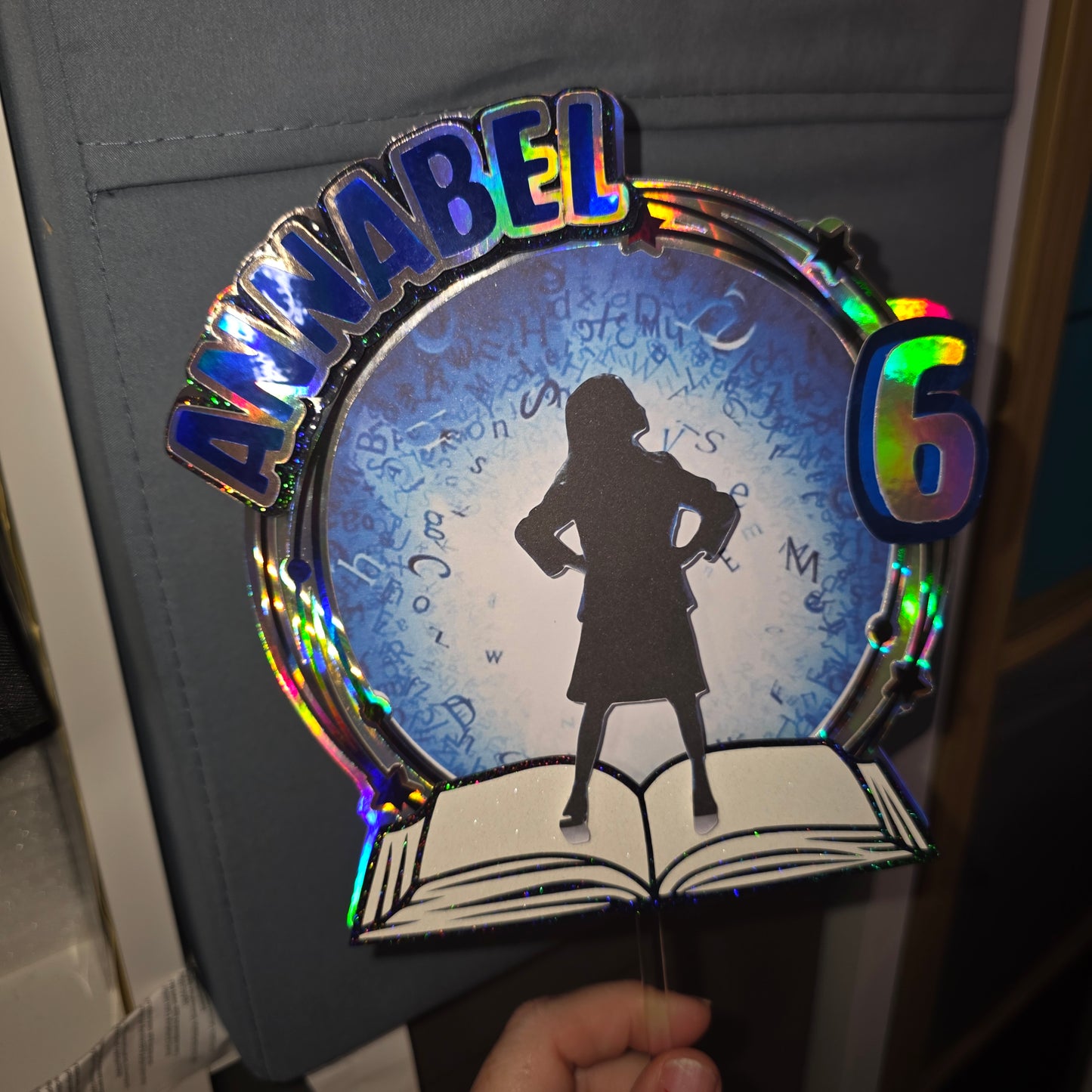 Personalised Bookworm Musical-Inspired Cake Topper | Reading Rebel Silhouette | Name & Age | Holographic Card Topper