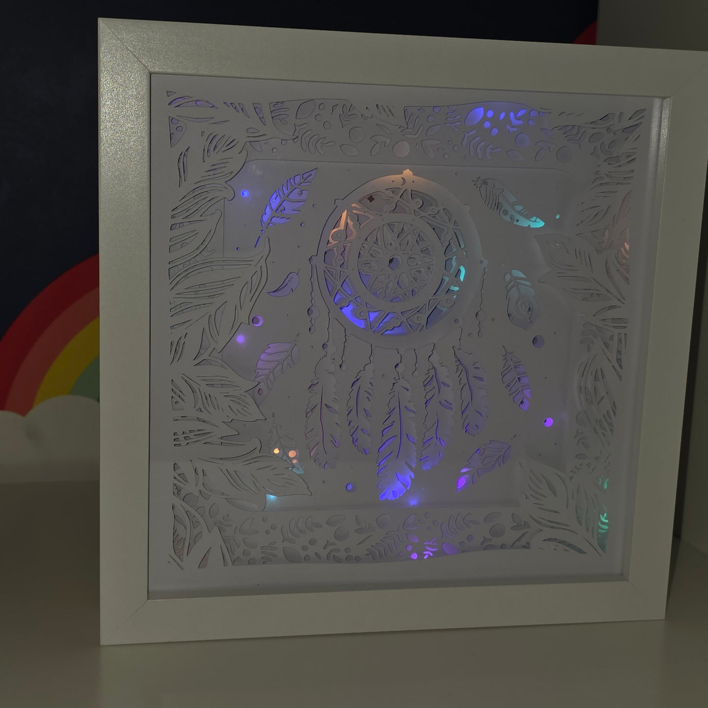 Dreamcatcher Light Up Shadow Box – Layered Paper Art with Colour Changing LED Glow – Boho Ambient Home Decor