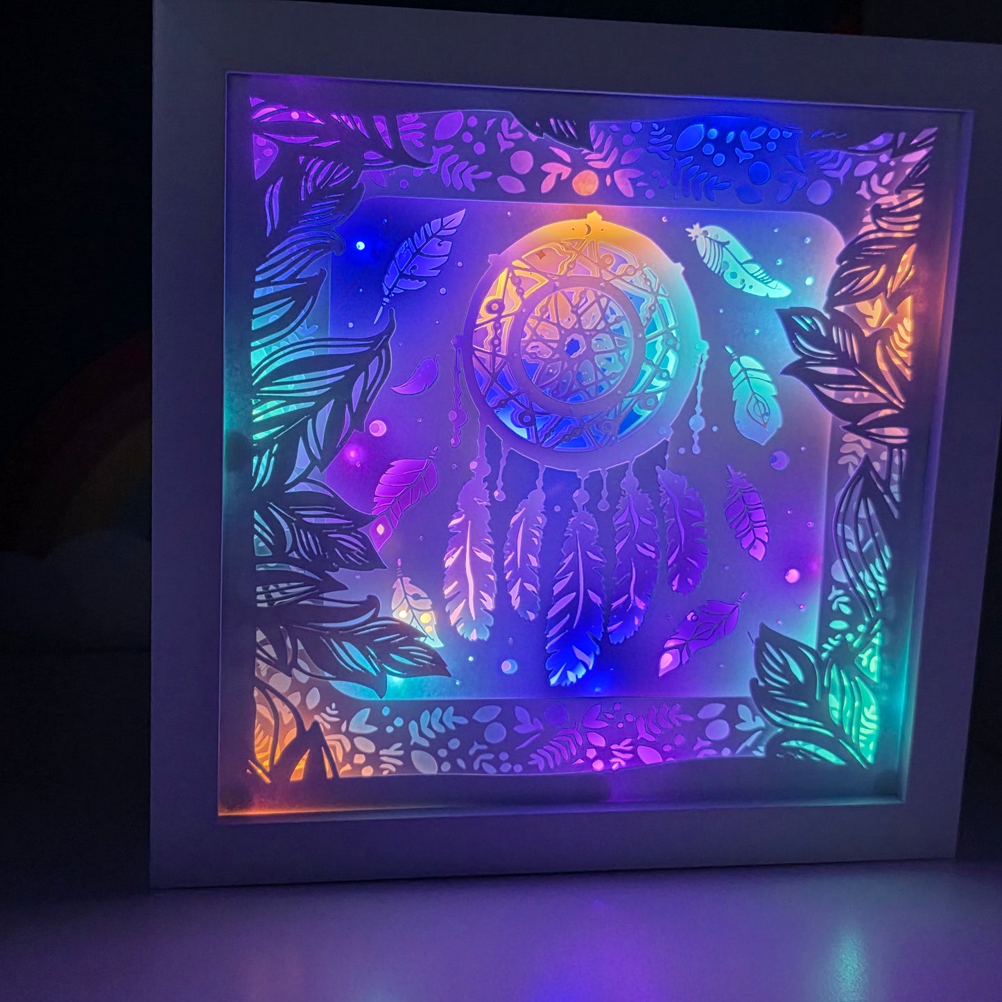 Dreamcatcher Light Up Shadow Box – Layered Paper Art with Colour Changing LED Glow – Boho Ambient Home Decor