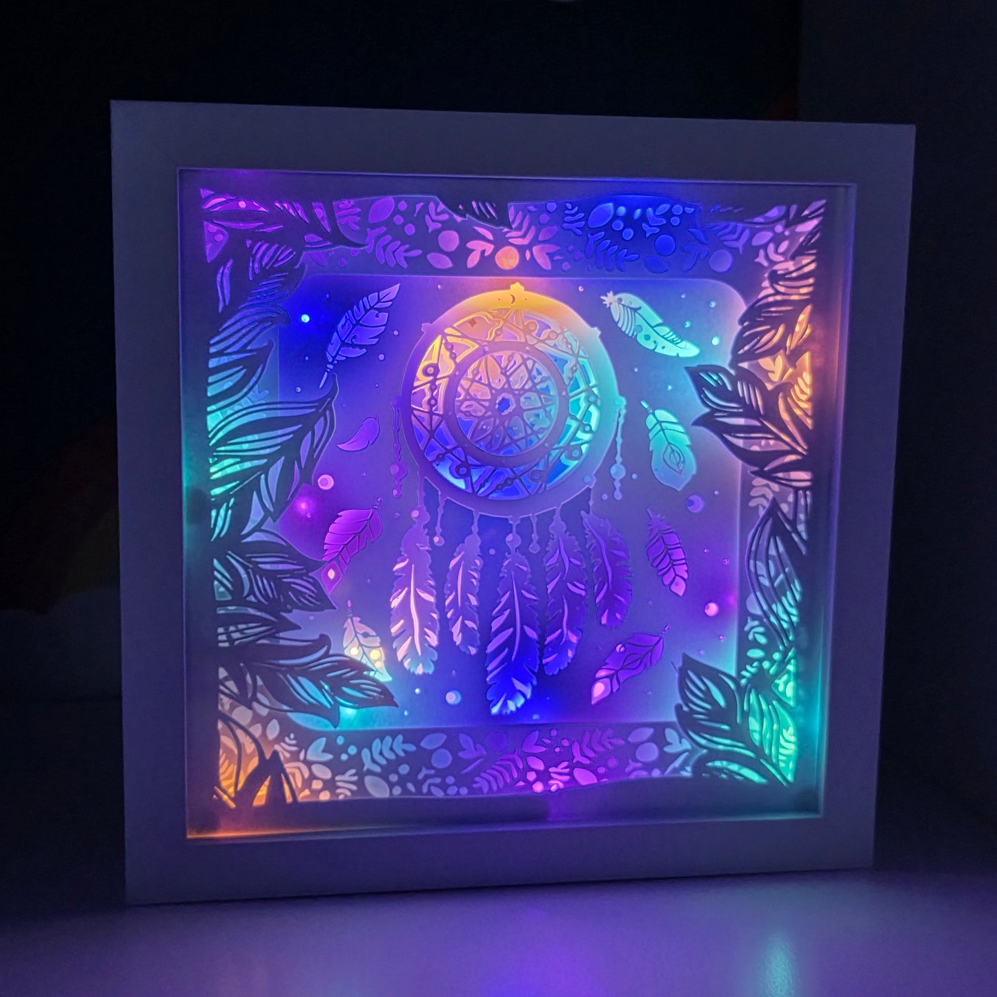 Dreamcatcher Light Up Shadow Box – Layered Paper Art with Colour Changing LED Glow – Boho Ambient Home Decor