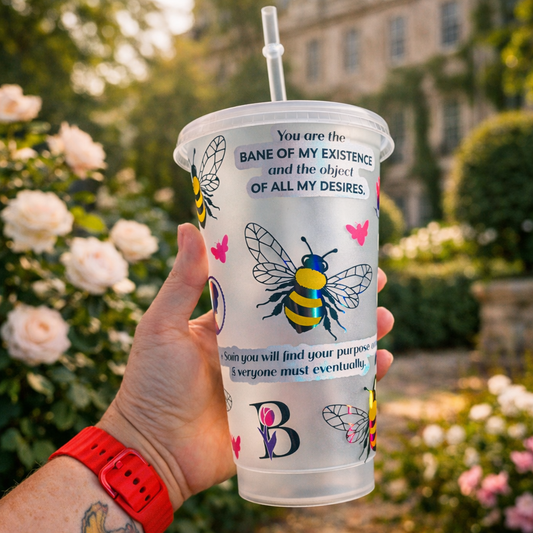 Regency Inspired Bee Tumbler – Romantic Quote Frosted Cold Cup with Straw – Period Romance Aesthetic Gift