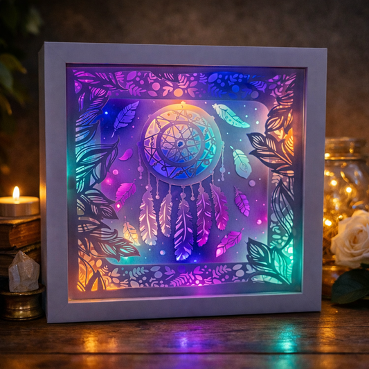 Dreamcatcher Light Up Shadow Box – Layered Paper Art with Colour Changing LED Glow – Boho Ambient Home Decor