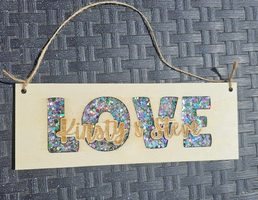Personalised LOVE Plaque – Handmade Wood & Glitter Resin Sign | Wedding & Anniversary Gift