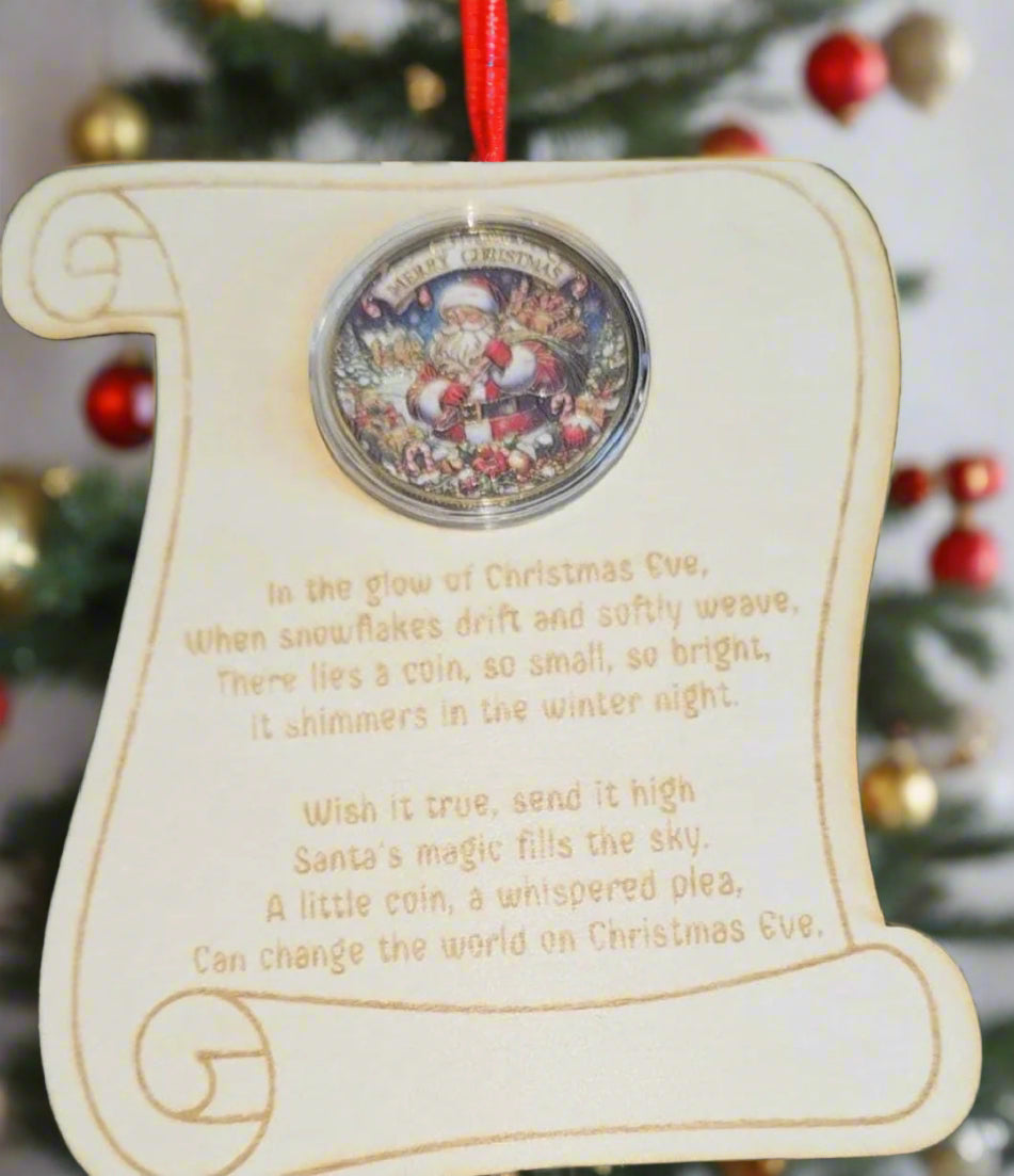 Christmas Wish Coin in Wooden Scroll Magical Keepsake | Family Christmas Gift