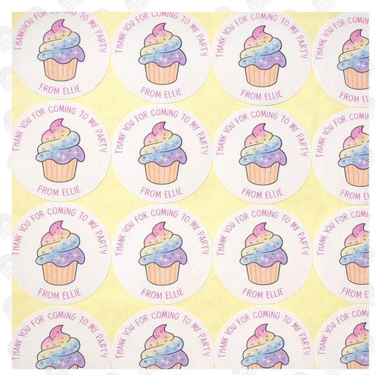 Personalised Rainbow Cupcake Party Thank You Stickers