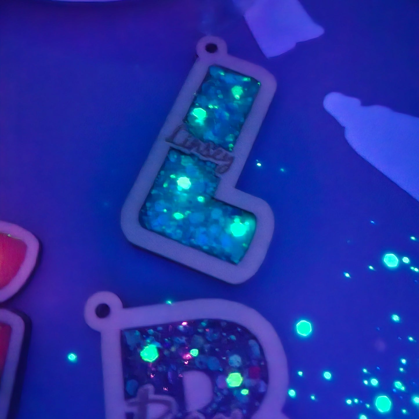 Initial Bag Tag key ring | Glow-in-the-Dark Glitter Letter Charm