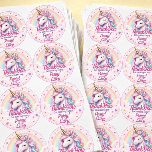 Personalised Pastel Unicorn Party Thank You Stickers